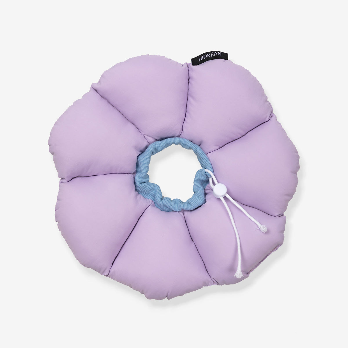 Purple flower cone for cats with soft padded petals and an adjustable neck opening
