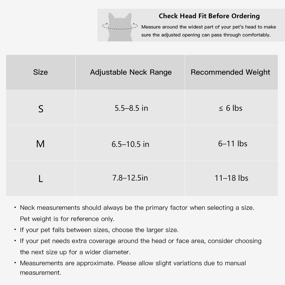 Flower cone for cats size guide with S M L neck measurements and recommended weight