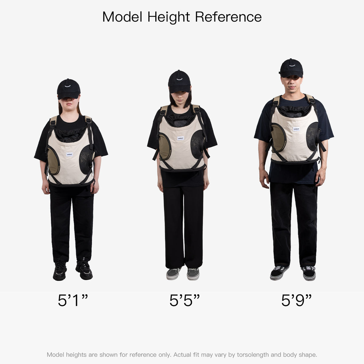 Front pet carrier fit reference shown on models of different heights