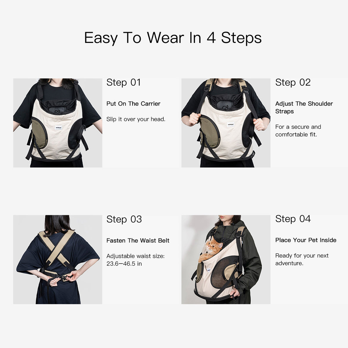 How to wear and adjust a front pet carrier backpack in four steps