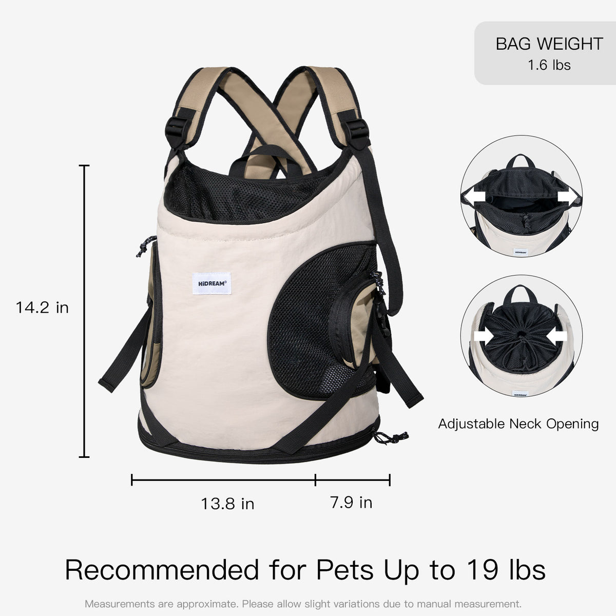 Front pet carrier size guide with carrier dimensions and recommended pet weight up to 19 lbs