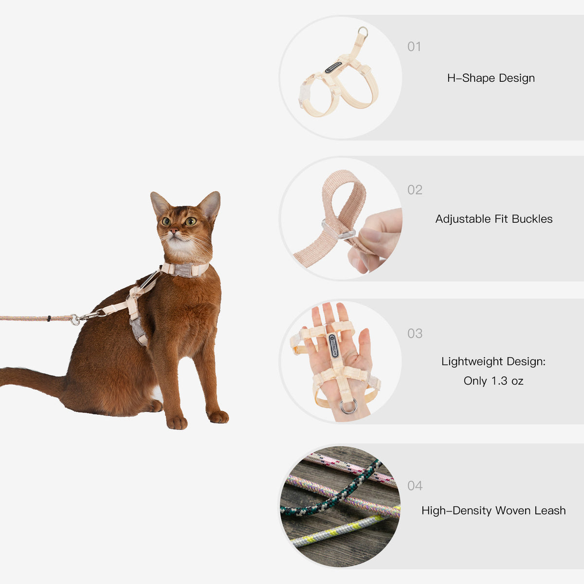 H style cat harness key benefits including adjustable fit lightweight comfort and secure leash connection