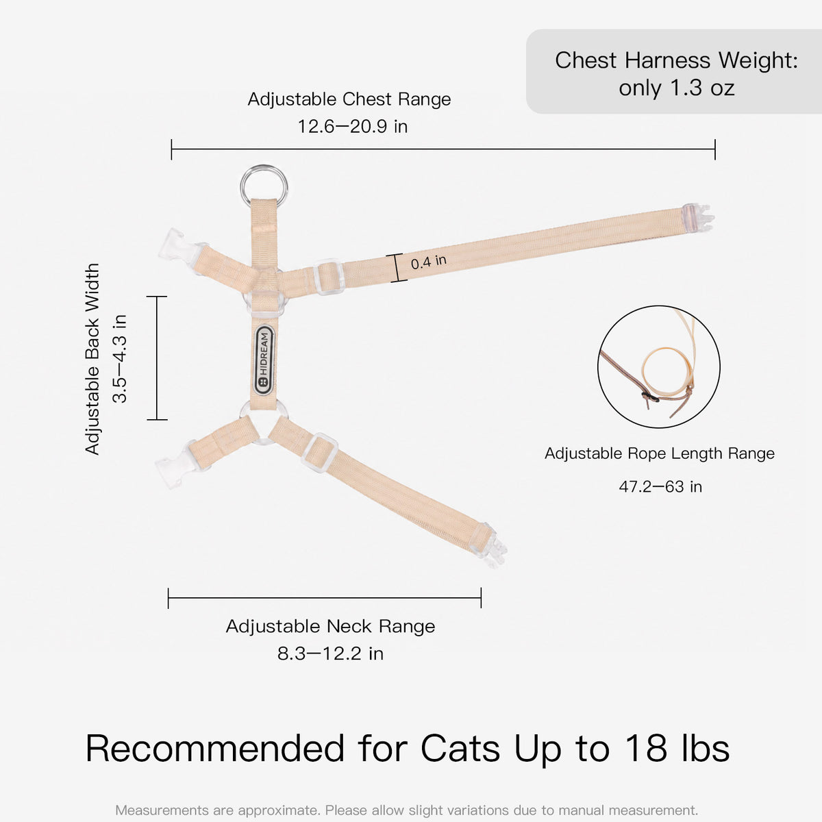 H style cat harness size guide with neck chest and adjustable leash measurements for cats up to 18 lbs