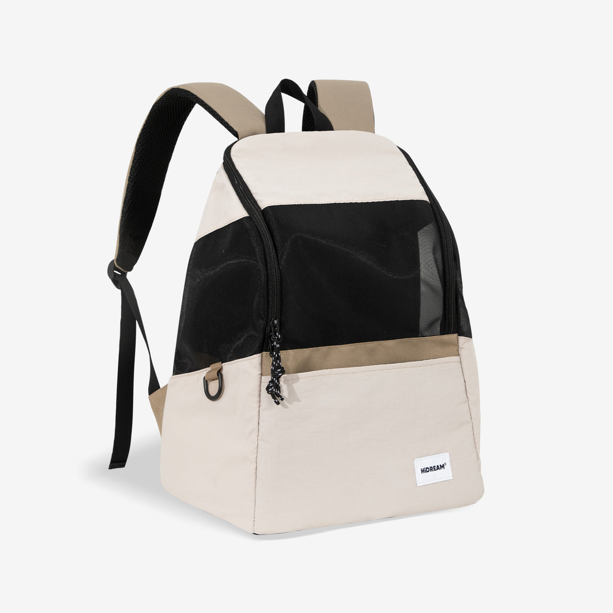 Lightweight pet carrier backpack in cream and black with breathable mesh and a wide top opening