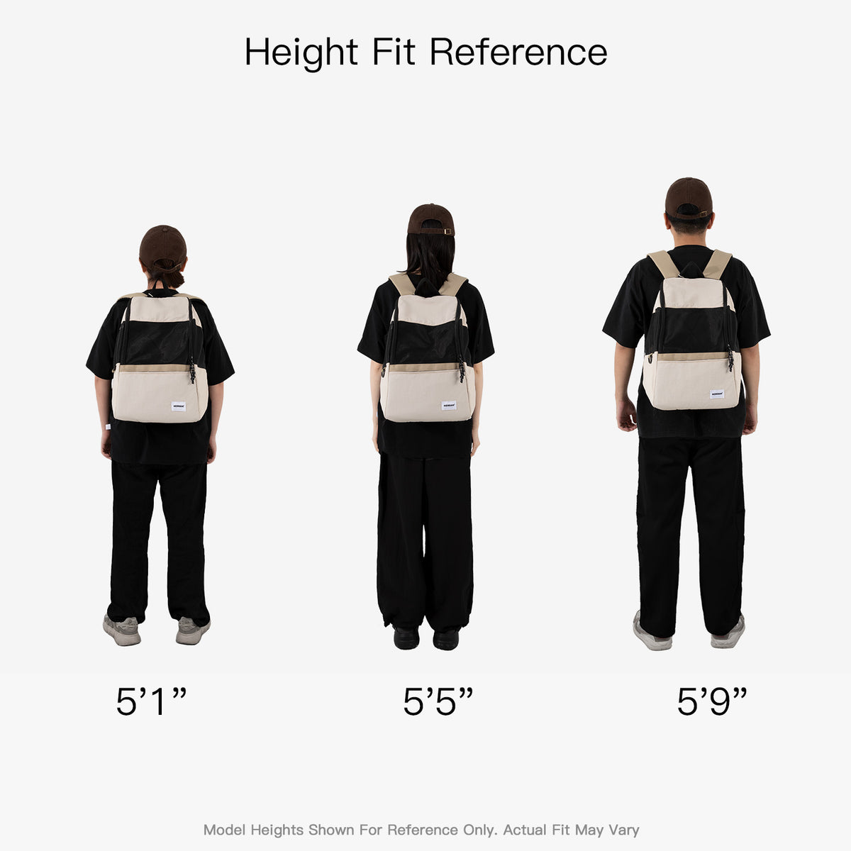 Lightweight pet carrier backpack fit reference shown on models of different heights