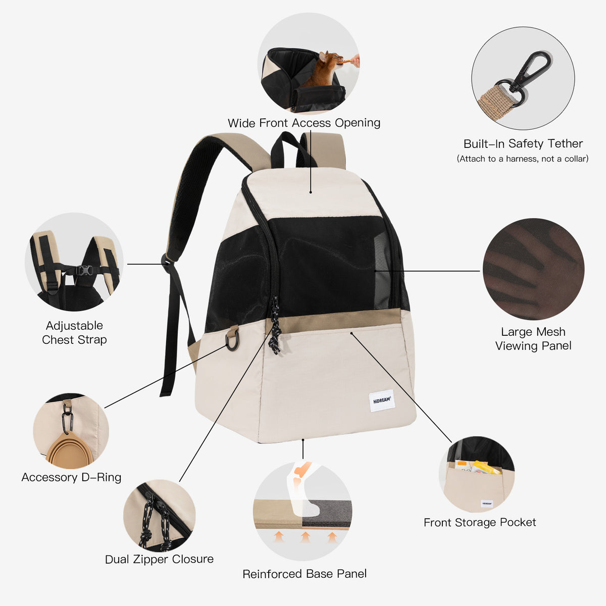 Lightweight pet carrier backpack full feature overview with wide top opening breathable mesh safety tether and reinforced base