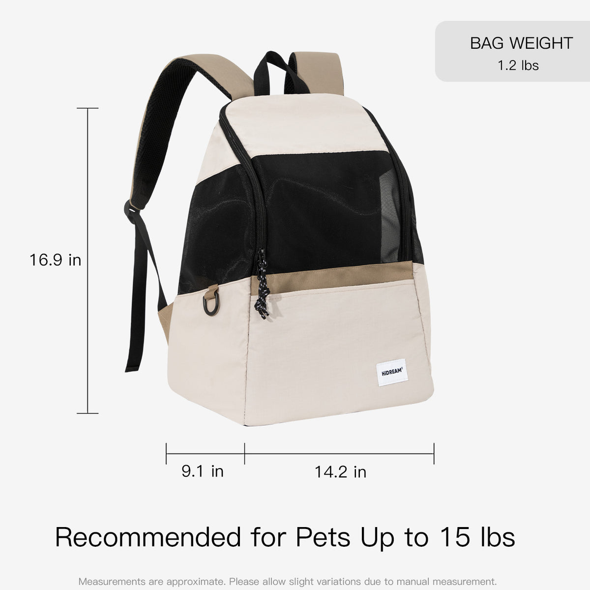 Lightweight pet carrier backpack size guide with product dimensions and recommended pet weight up to 15 lbs