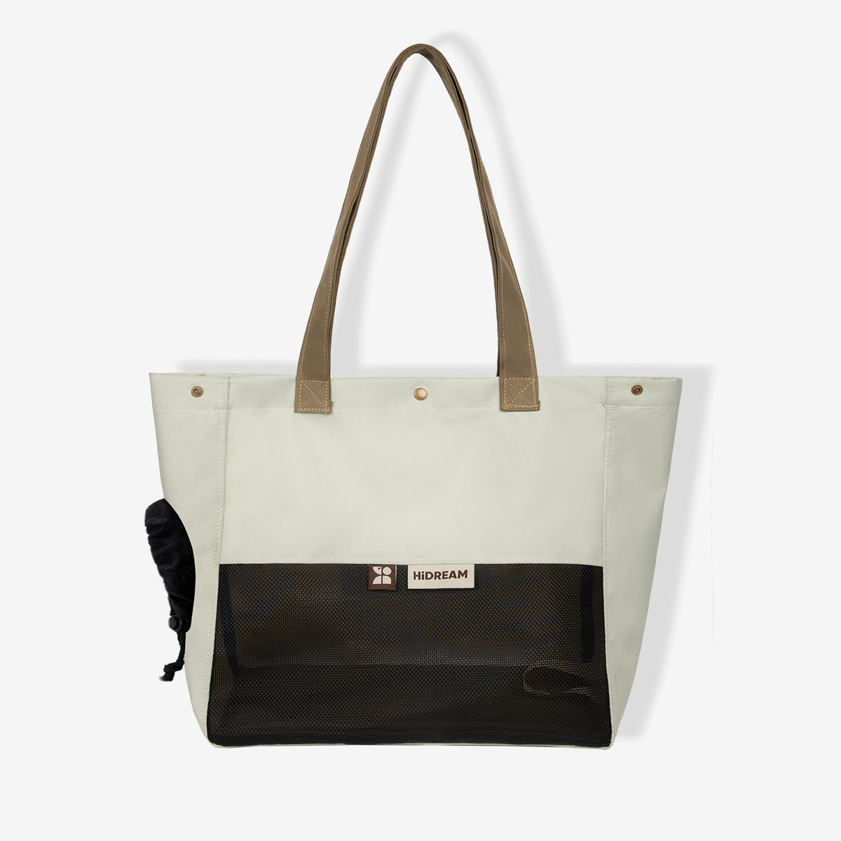 Almond cream pet carrier tote with wide mesh window adjustable side opening and reinforced base