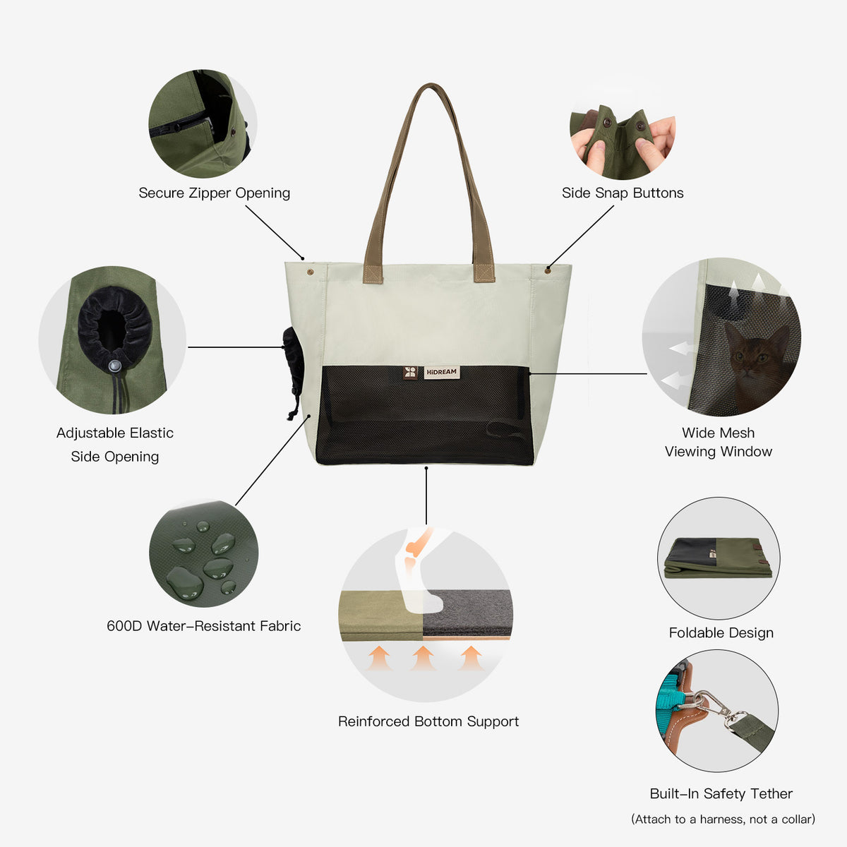 Pet carrier tote full feature overview with mesh window adjustable opening safety tether reinforced base and foldable design