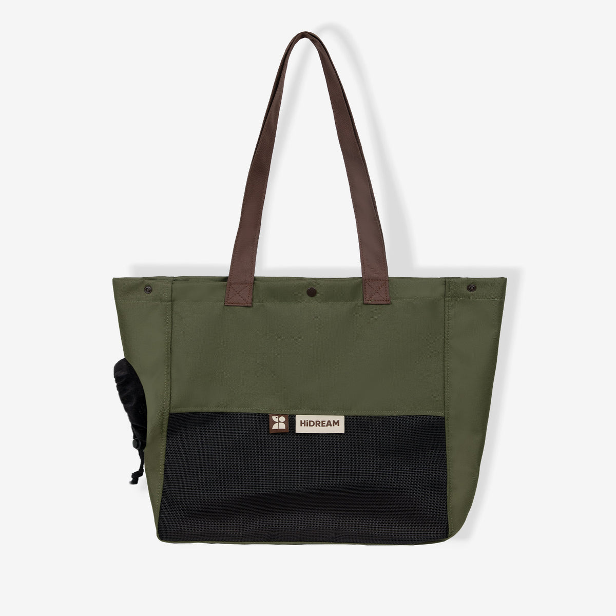Olive green pet carrier tote for cats and small dogs with wide mesh viewing window