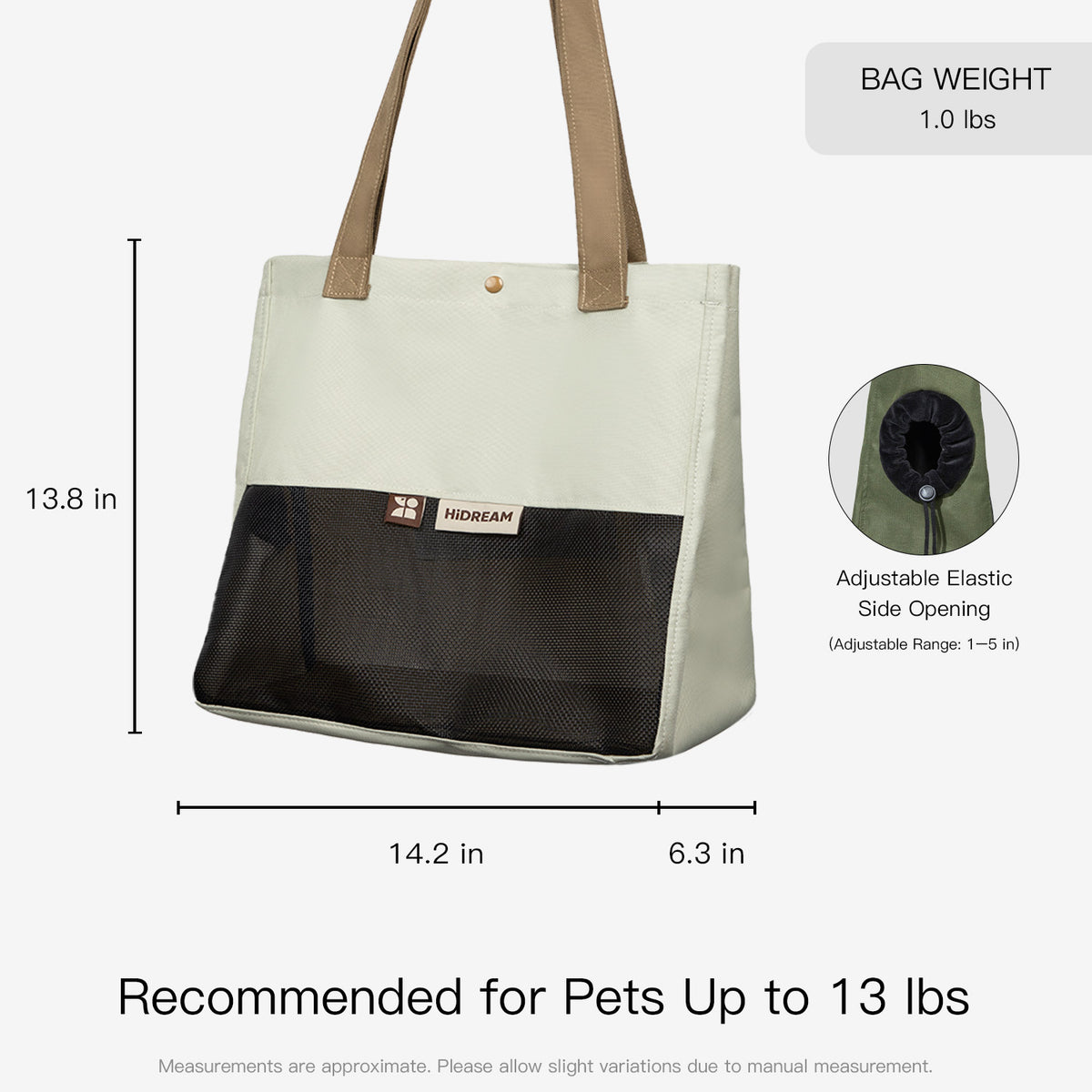 Pet carrier tote size guide with product dimensions and recommended pet weight up to 13 lbs