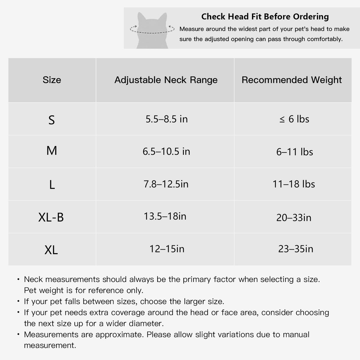 Pet recovery collar size guide with neck measurements from S to XL-B