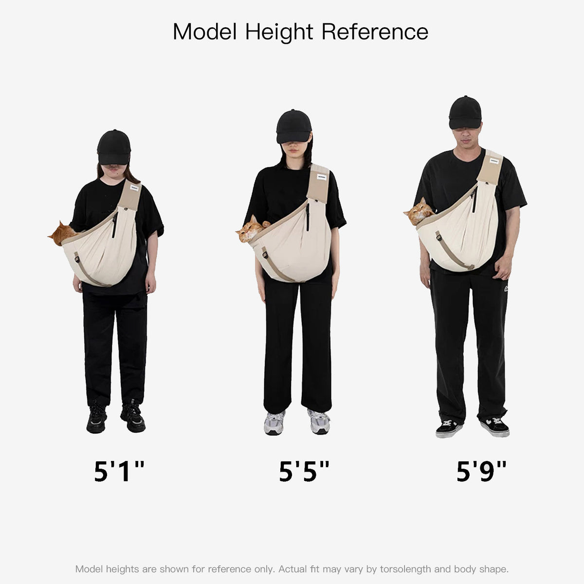 Pet sling carrier fit reference shown on models of different heights