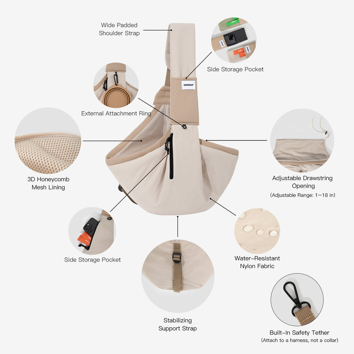 Pet sling carrier full feature overview with adjustable drawstring opening 3D mesh lining padded strap and safety tether