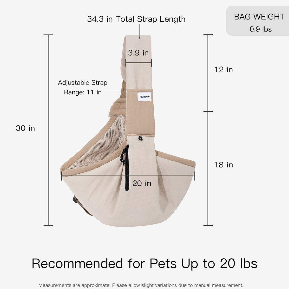 Pet sling carrier size guide with carrier depth shoulder strap length and recommended pet weight up to 20 lbs