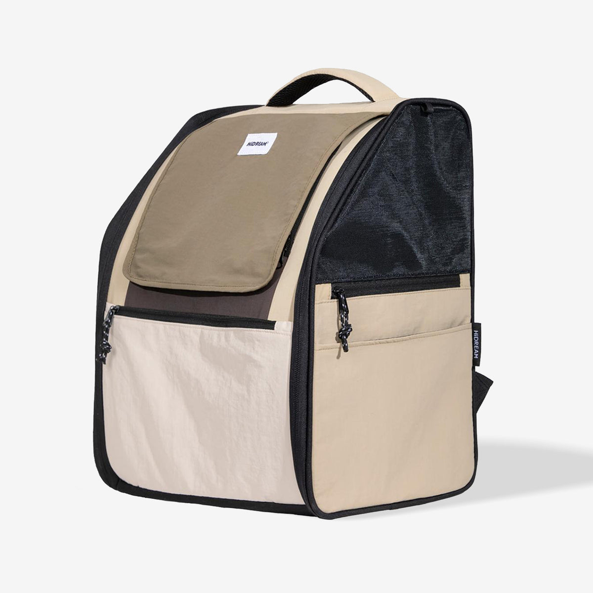 Spacious pet carrier backpack in chestnut brown with breathable mesh dual openings and supportive base