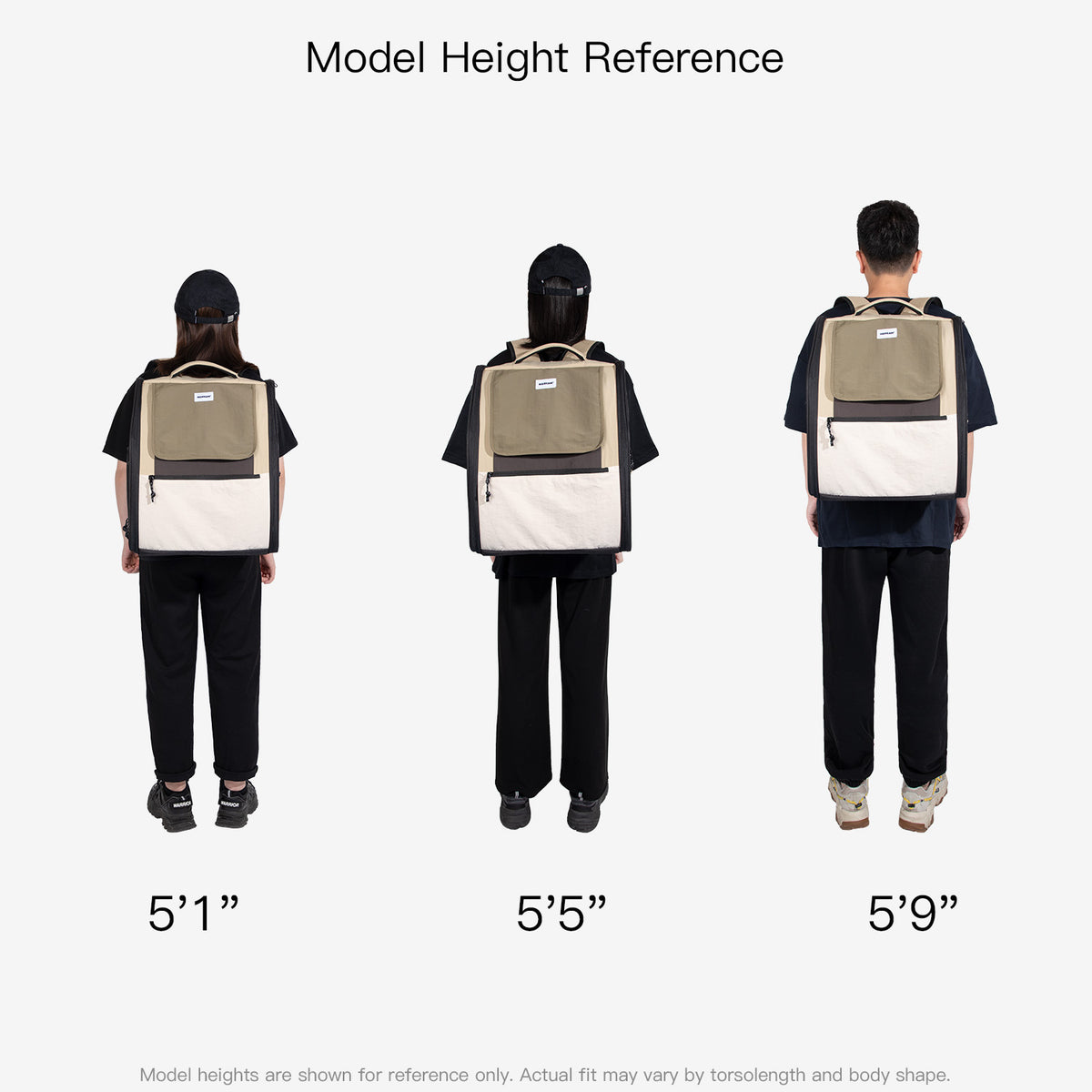 Spacious pet carrier backpack fit reference shown on models of different heights