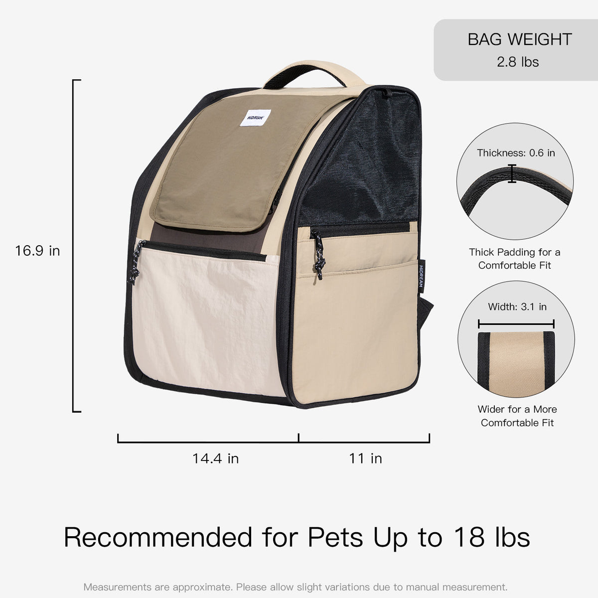 Pet carrier backpack size guide with product dimensions and recommended pet weight up to 18 lbs
